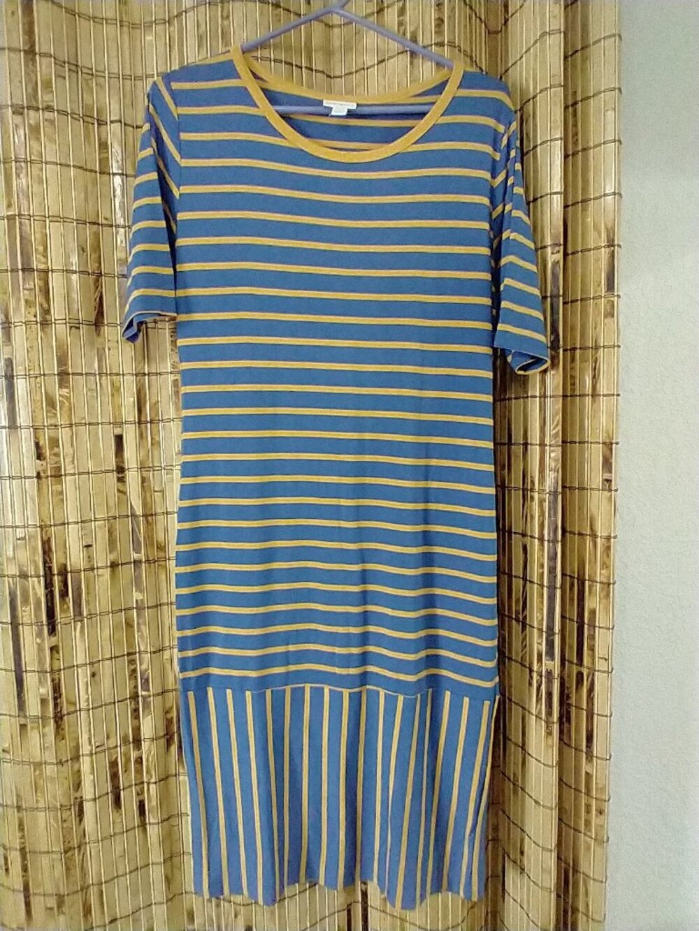 LuLaRoe Blue and Yellow Striped Short Sleeve Midi Dress Size L